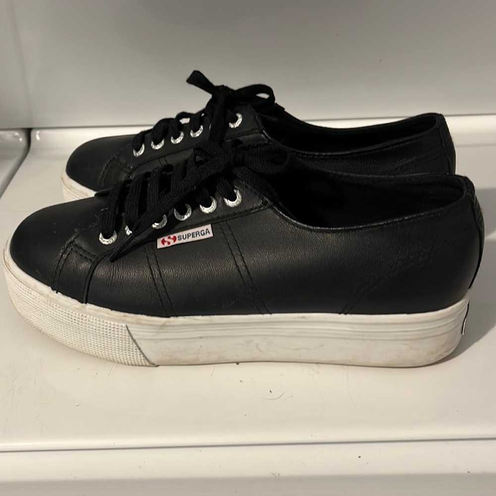 SUPERGA platform black leather sneakers